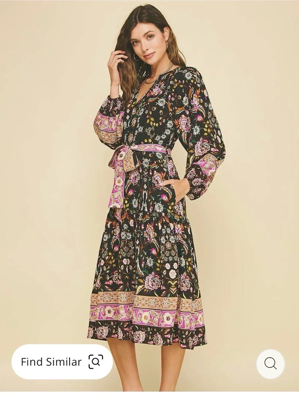 Pinch Border Print Tiered Midi Dress In Black boho floral Multi size small - Picture 2 of 7